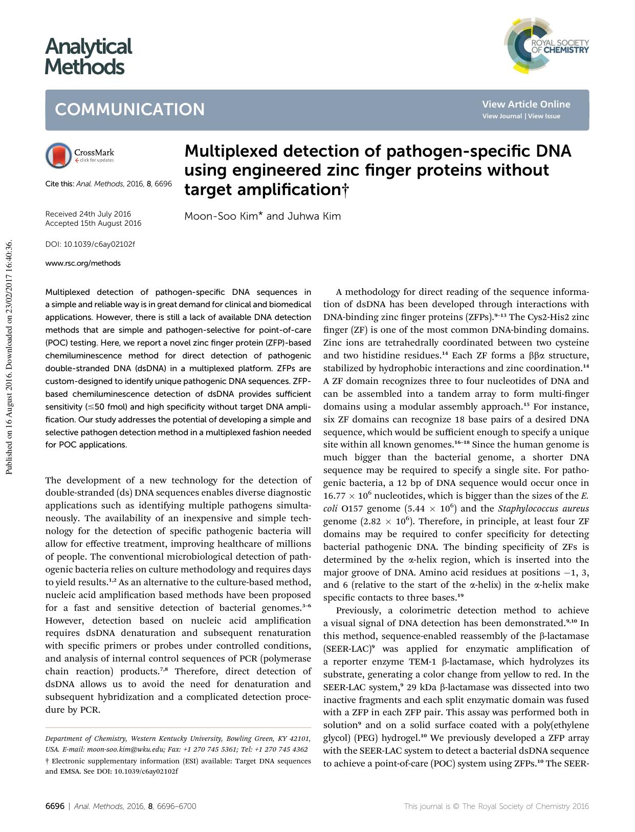 Multiplexed detection of pathogen-specific DNA using engineered zinc finger proteins without target amplification by Moon-Soo Kim & Juhwa Kim
