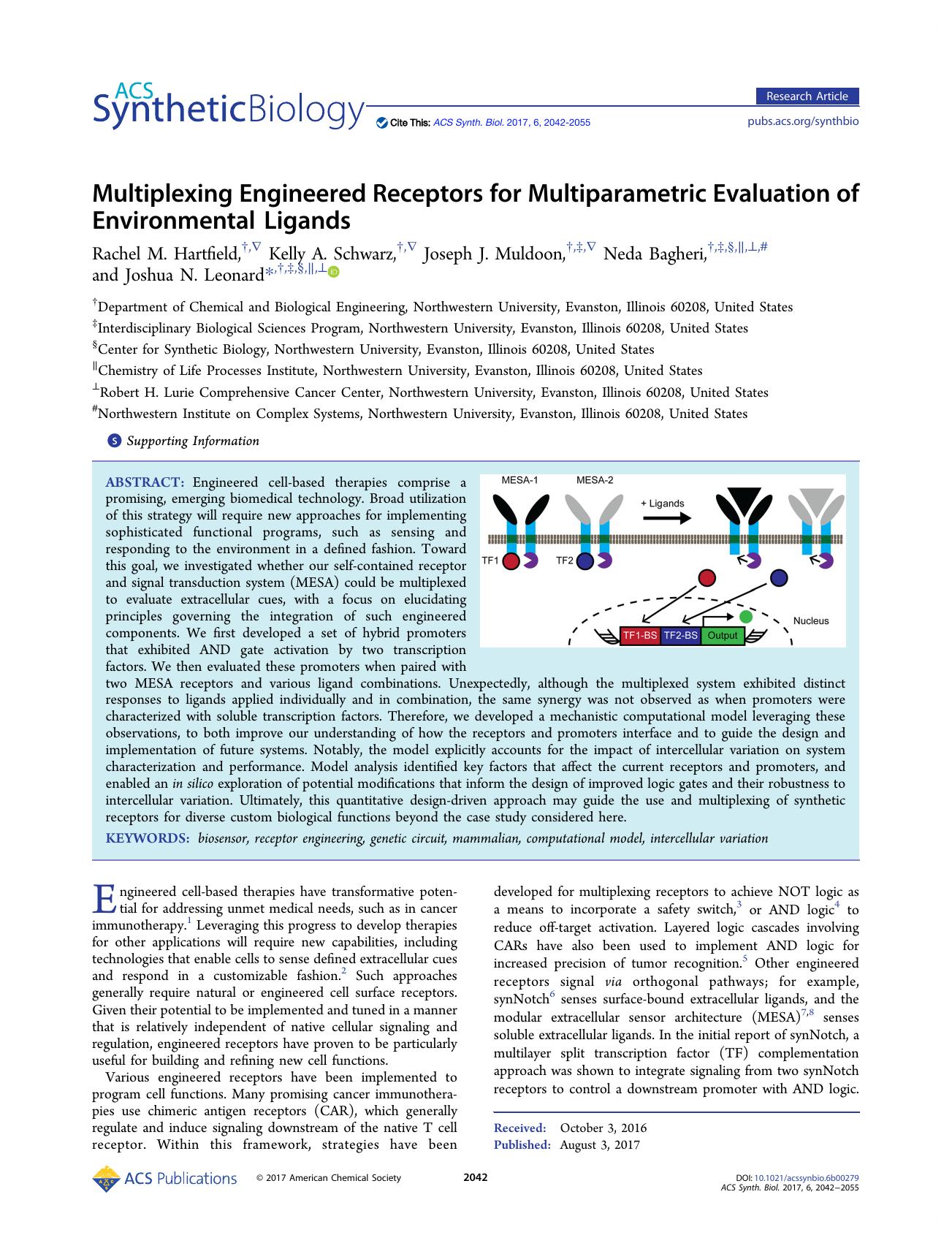 Multiplexing Engineered Receptors for Multiparametric Evaluation of Environmental Ligands by Rachel M. Hartfield Kelly A. Schwarz Joseph J. Muldoon Neda Bagheri and Joshua N. Leonard