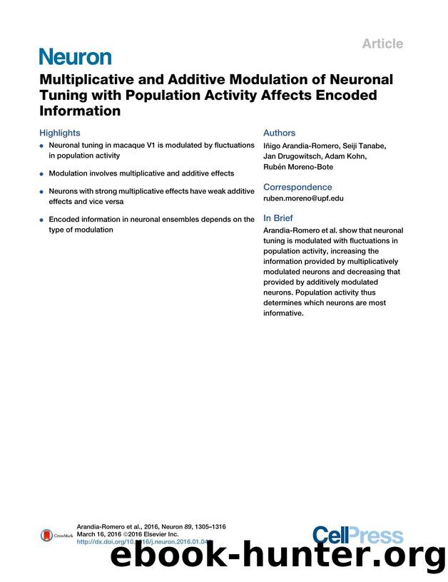 Multiplicative and Additive Modulation of Neuronal Tuning with Population Activity Affects Encoded Information by Iñigo Arandia-Romero & Seiji Tanabe & Jan Drugowitsch & Adam Kohn & Rubén Moreno-Bote