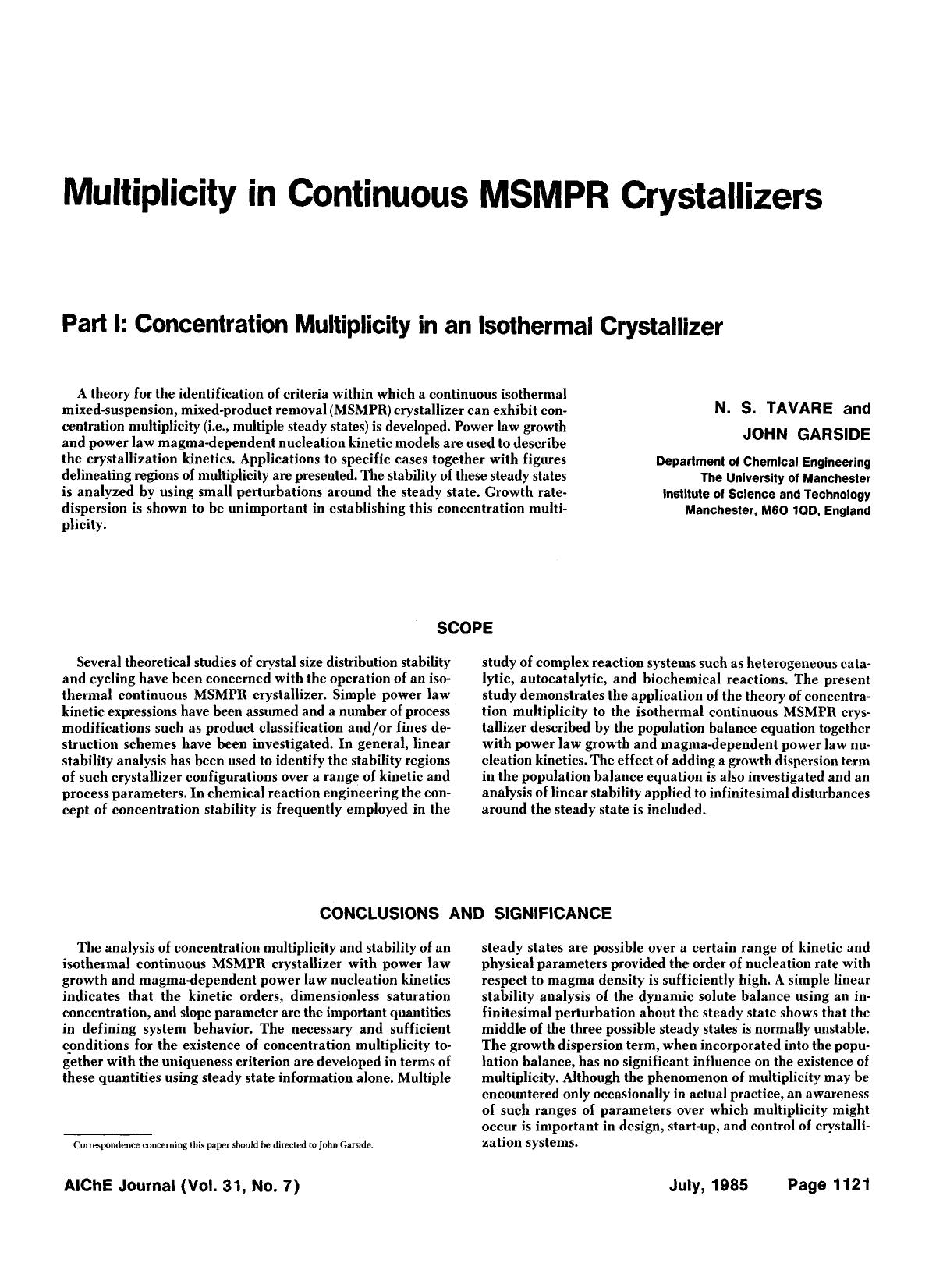 Multiplicity in continuous MSMPR crystallizers. Part I: Concentration multiplicity in an isothermal crystallizer by Unknown