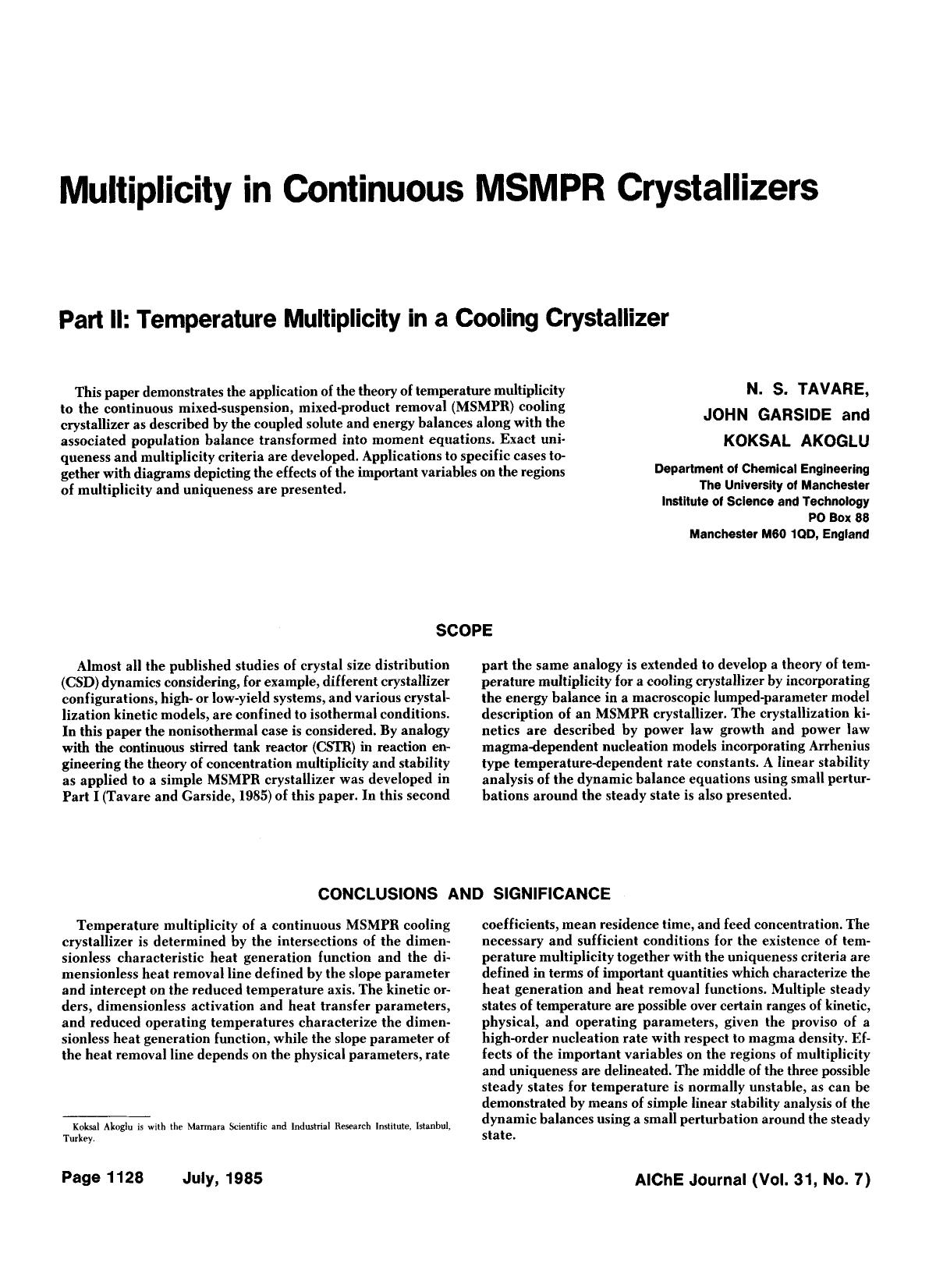 Multiplicity in continuous MSMPR crystallizers. Part II: Temperature multiplicity in a cooling crystallizer by Unknown
