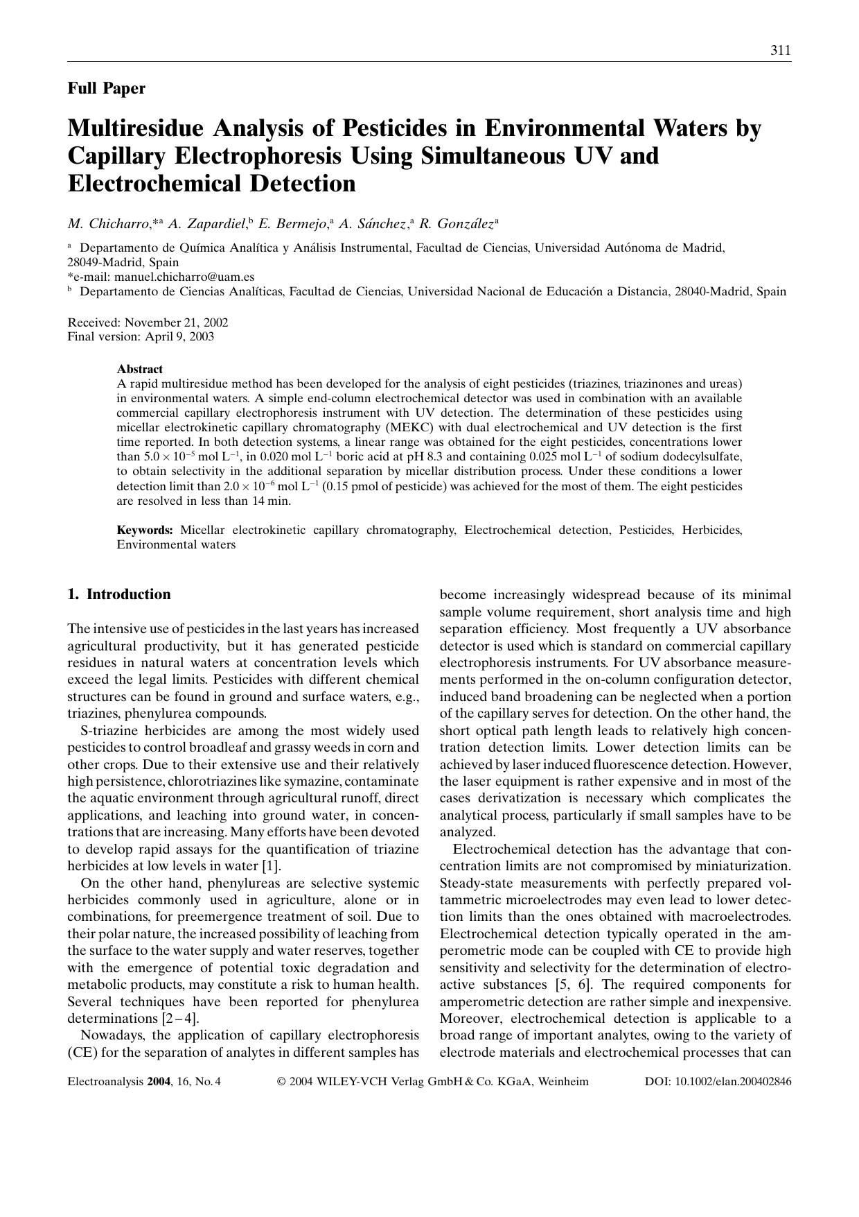 Multiresidue Analysis of Pesticides in Environmental Waters by Capillary Electrophoresis Using Simultaneous UV and Electrochemical Detection by Unknown