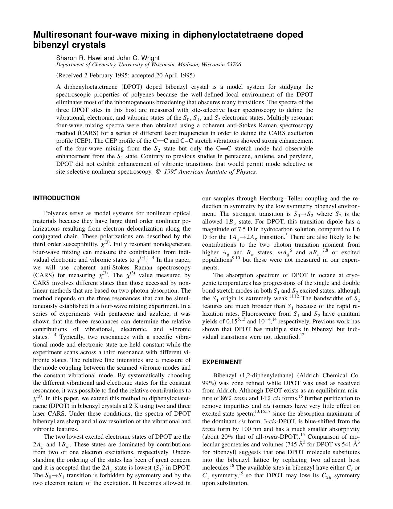 Multiresonant four-wave mixing in diphenyloctatetraene doped bibenzyl crystals by Sharon R. Hawi and John C. Wright