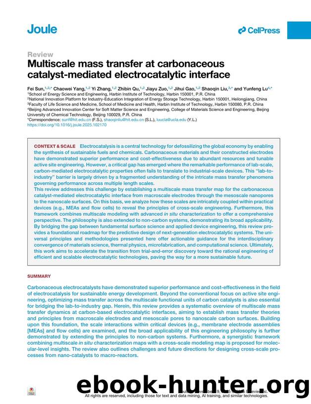 Multiscale mass transfer at carbonaceous catalyst-mediated electrocatalytic interface by Fei Sun & Chaowei Yang & Yi Zhang & Zhibin Qu & Jiayu Zuo & Jihui Gao & Shaoqin Liu & Yunfeng Lu