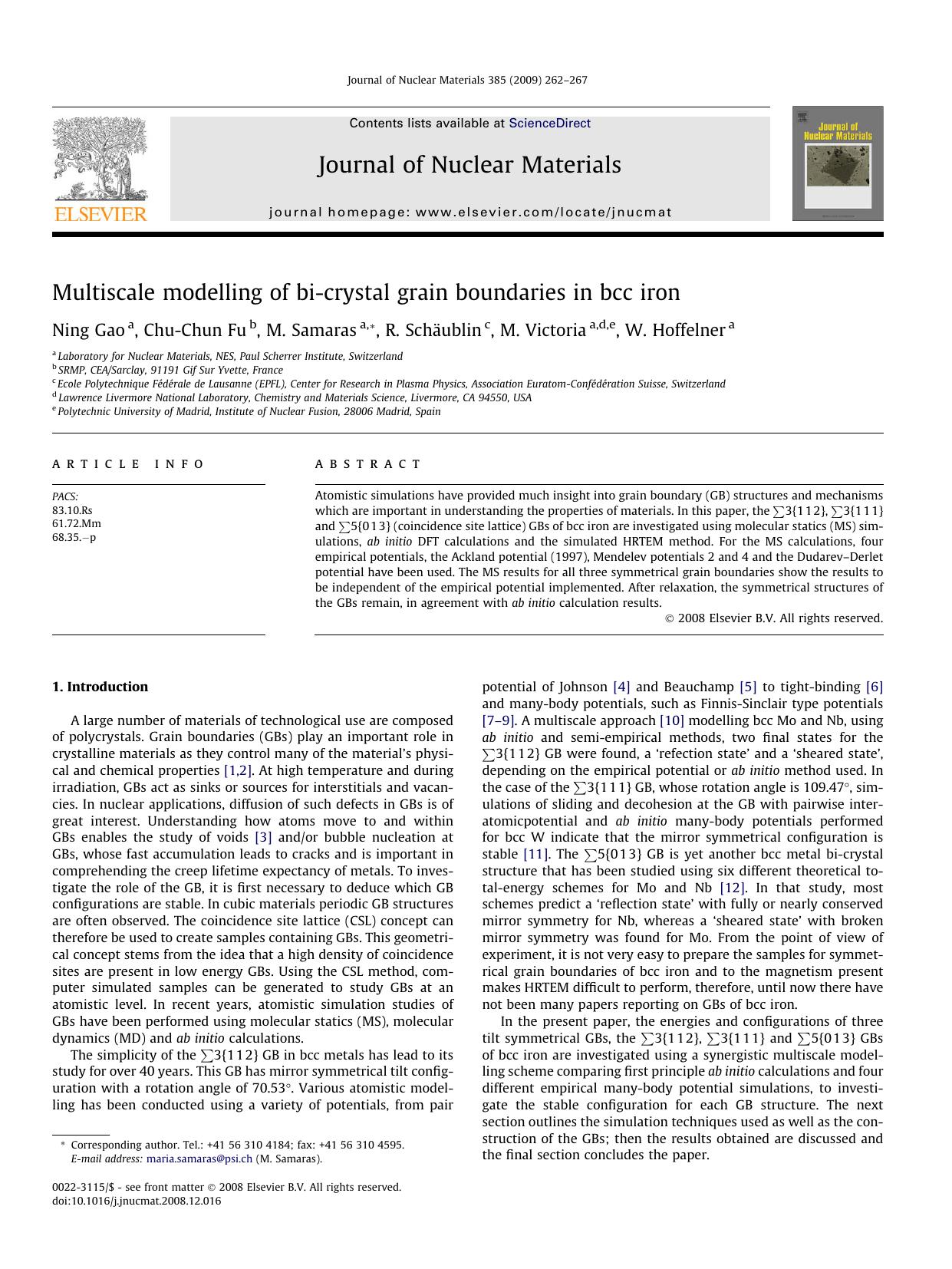 Multiscale modelling of bi-crystal grain boundaries in bcc iron by Ning Gao; Chu-Chun Fu; M. Samaras; R. Schäublin; M. Victoria; W. Hoffelner