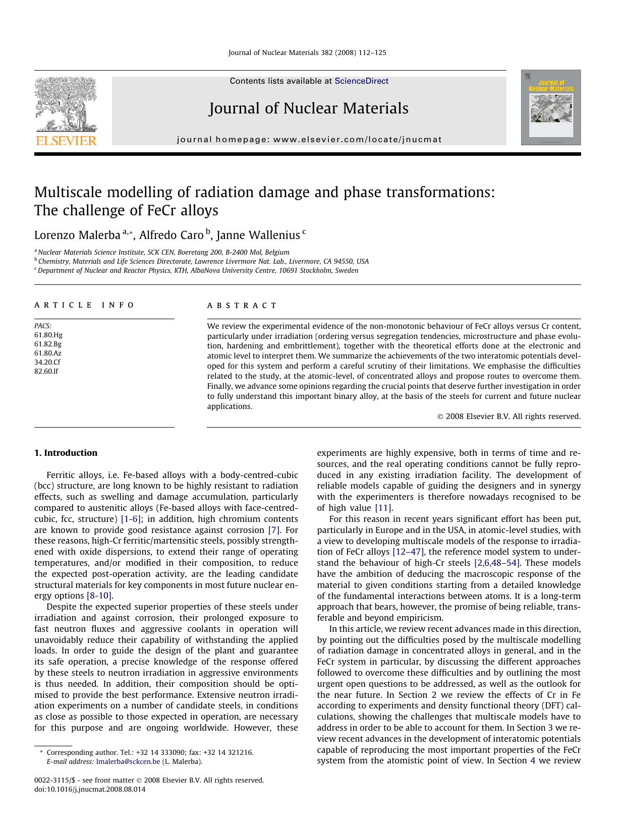 Multiscale modelling of radiation damage and phase transformations: The challenge of FeCr alloys by Lorenzo Malerba; Alfredo Caro; Janne Wallenius