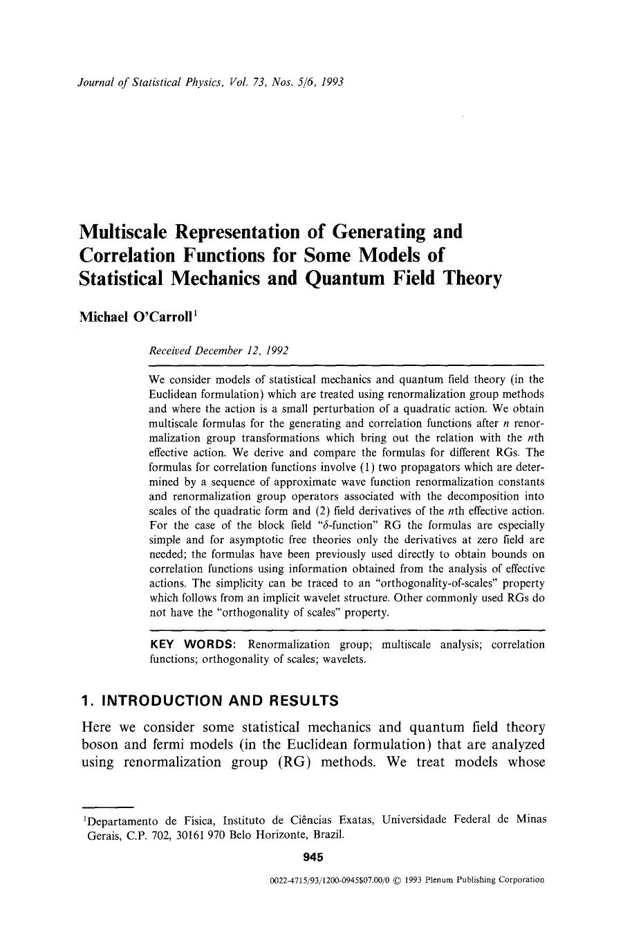 Multiscale representation of generating and correlation functions for some models of statistical mechanics and quantum field theory by Unknown