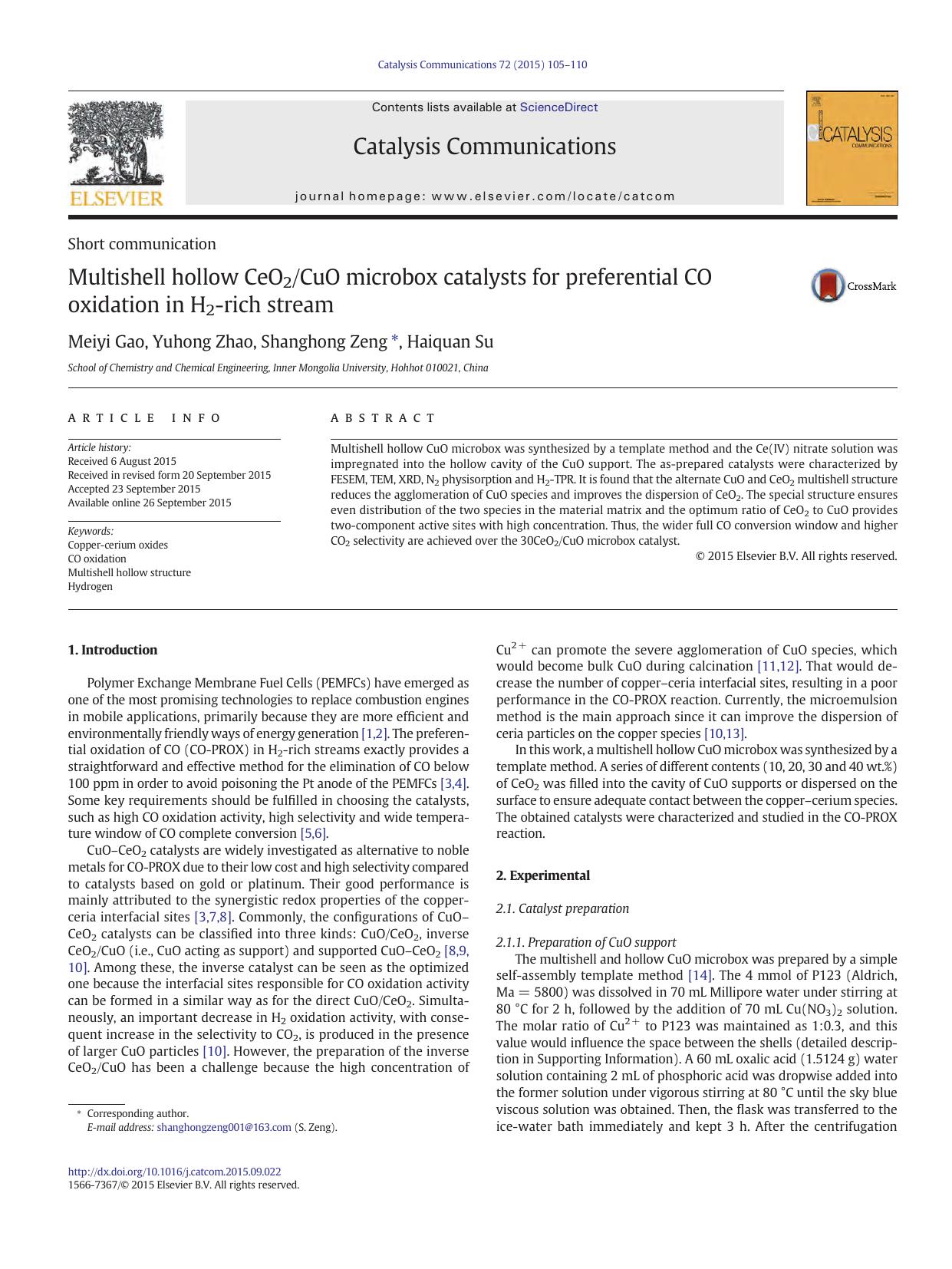 Multishell hollow CeO2CuO microbox catalysts for preferential CO oxidation in H2-rich stream by Meiyi Gao & Yuhong Zhao & Shanghong Zeng & Haiquan Su