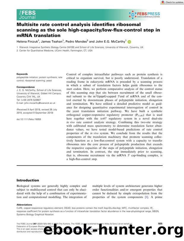 Multisite rate control analysis identifies ribosomal scanning as the sole highâcapacitylowâfluxâcontrol step in mRNA translation by Unknown