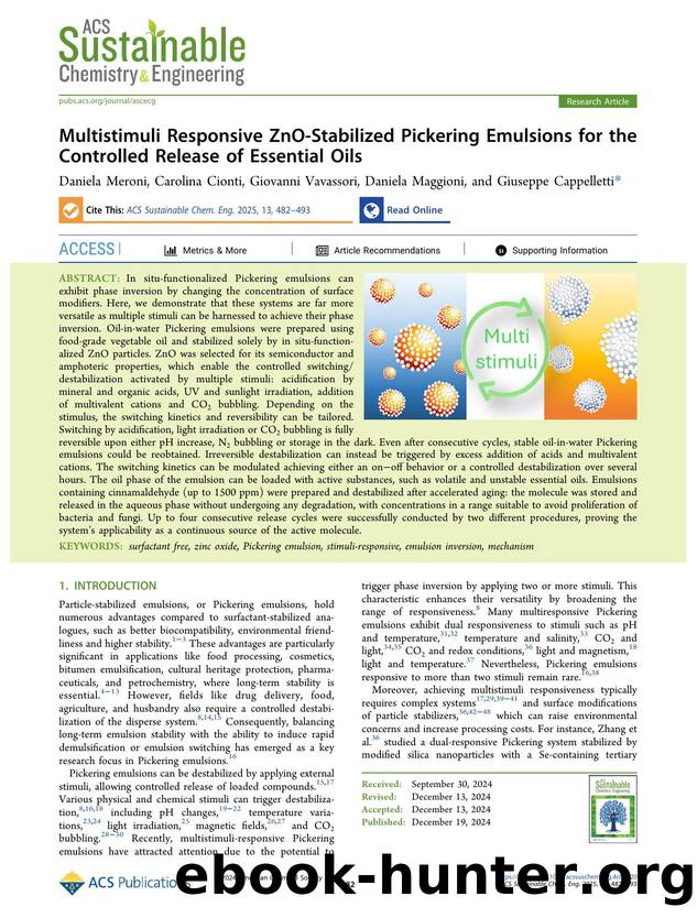 Multistimuli Responsive ZnO-Stabilized Pickering Emulsions for the Controlled Release of Essential Oils by Daniela Meroni Carolina Cionti Giovanni Vavassori Daniela Maggioni and Giuseppe Cappelletti