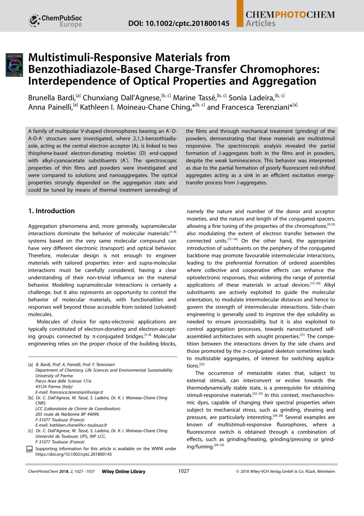 MultistimuliâResponsive Materials from BenzothiadiazoleâBased ChargeâTransfer Chromophores: Interdependence of Optical Properties and Aggregation by Unknown