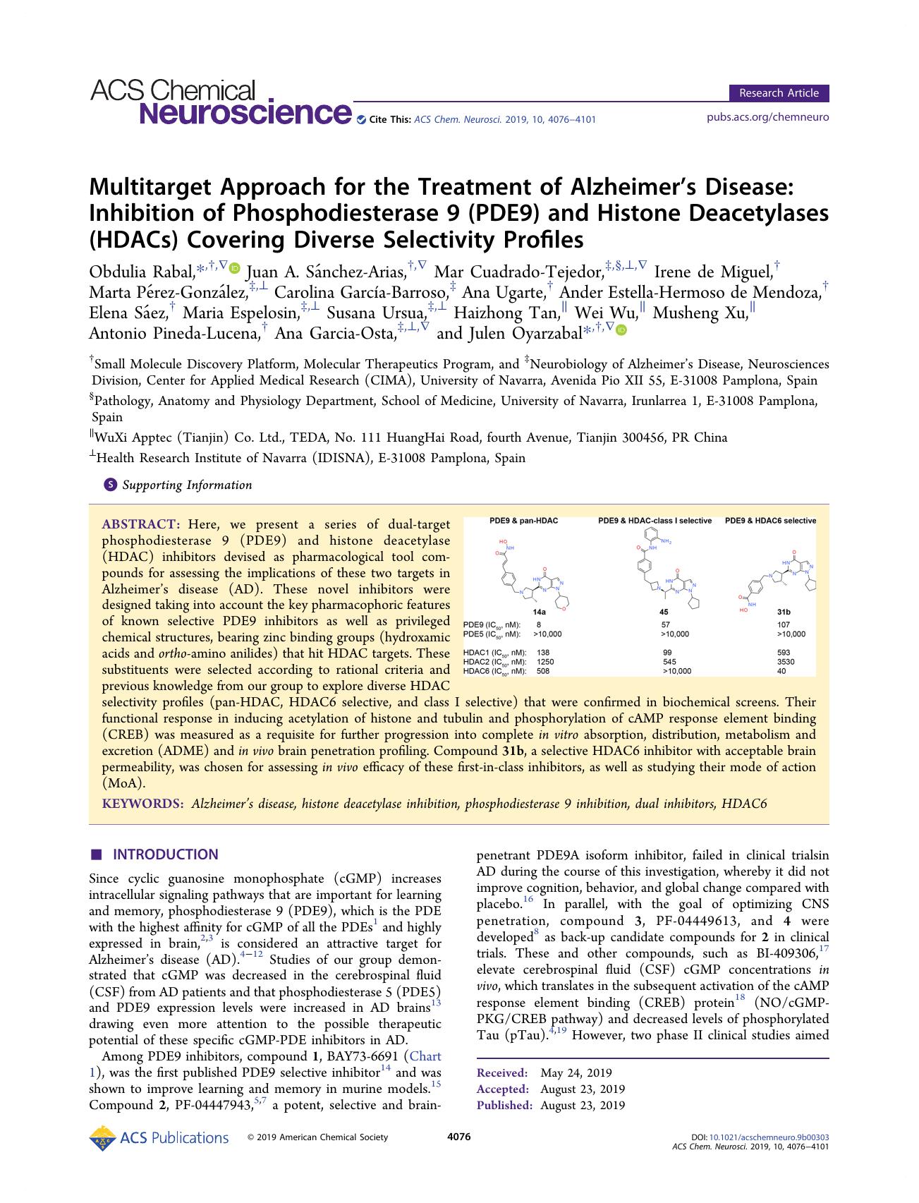 Multitarget Approach for the Treatment of Alzheimerâs Disease: Inhibition of Phosphodiesterase 9 (PDE9) and Histone Deacetylases (HDACs) Covering Diverse Selectivity Profiles by unknow