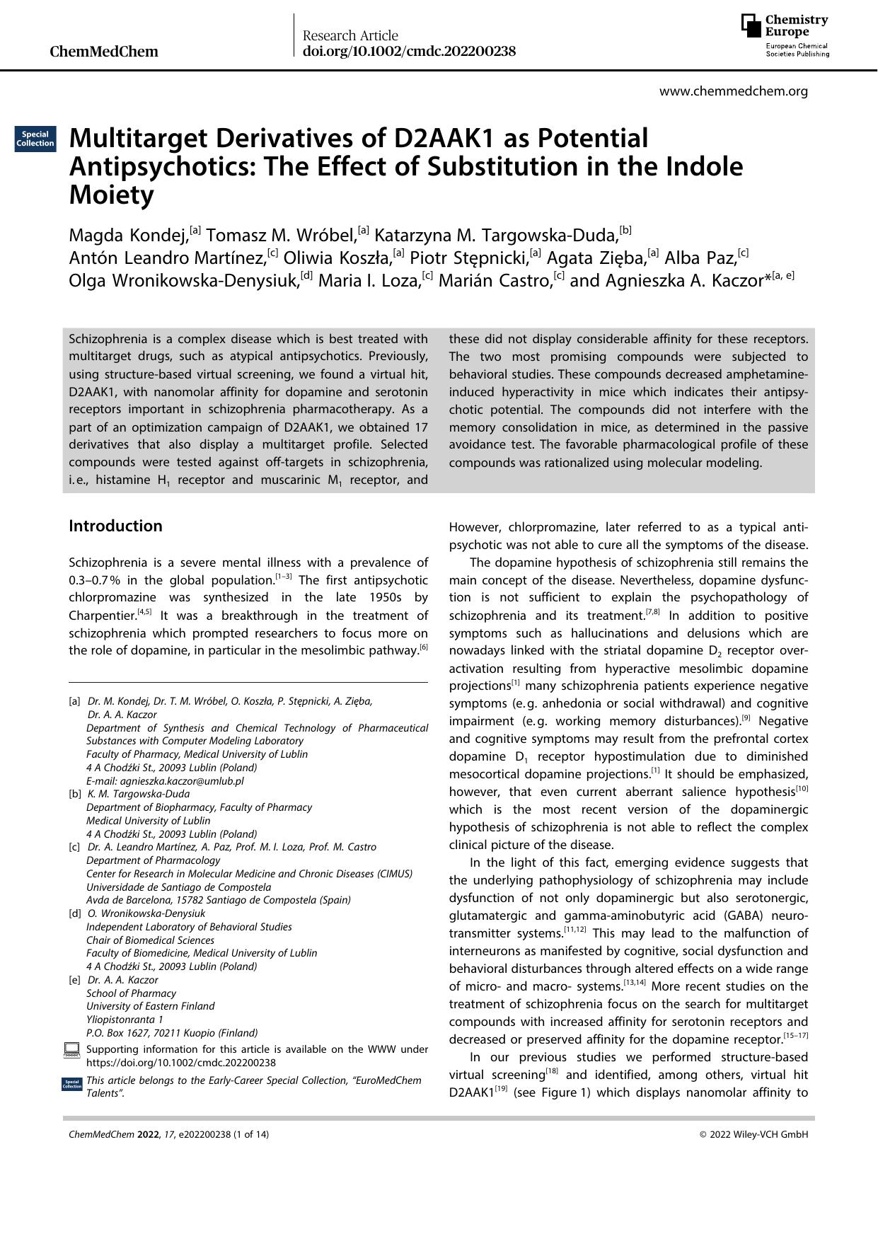 Multitarget Derivatives of D2AAK1 as Potential Antipsychotics: The Effect of Substitution in the Indole Moiety by Unknown