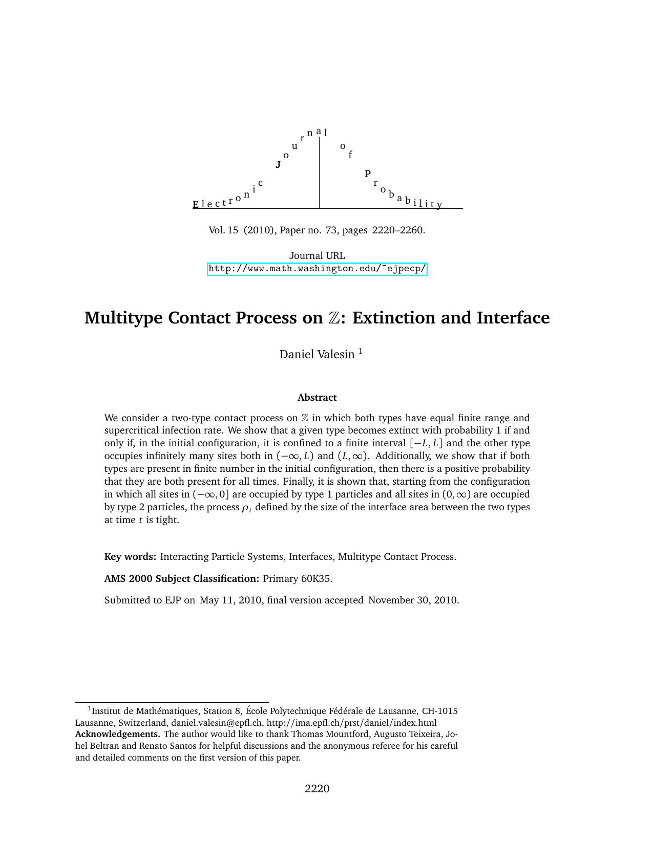Multitype Contact Process on Z: Extinction and Interface from The Electronic Journal of Probability by Daniel R. Valesin