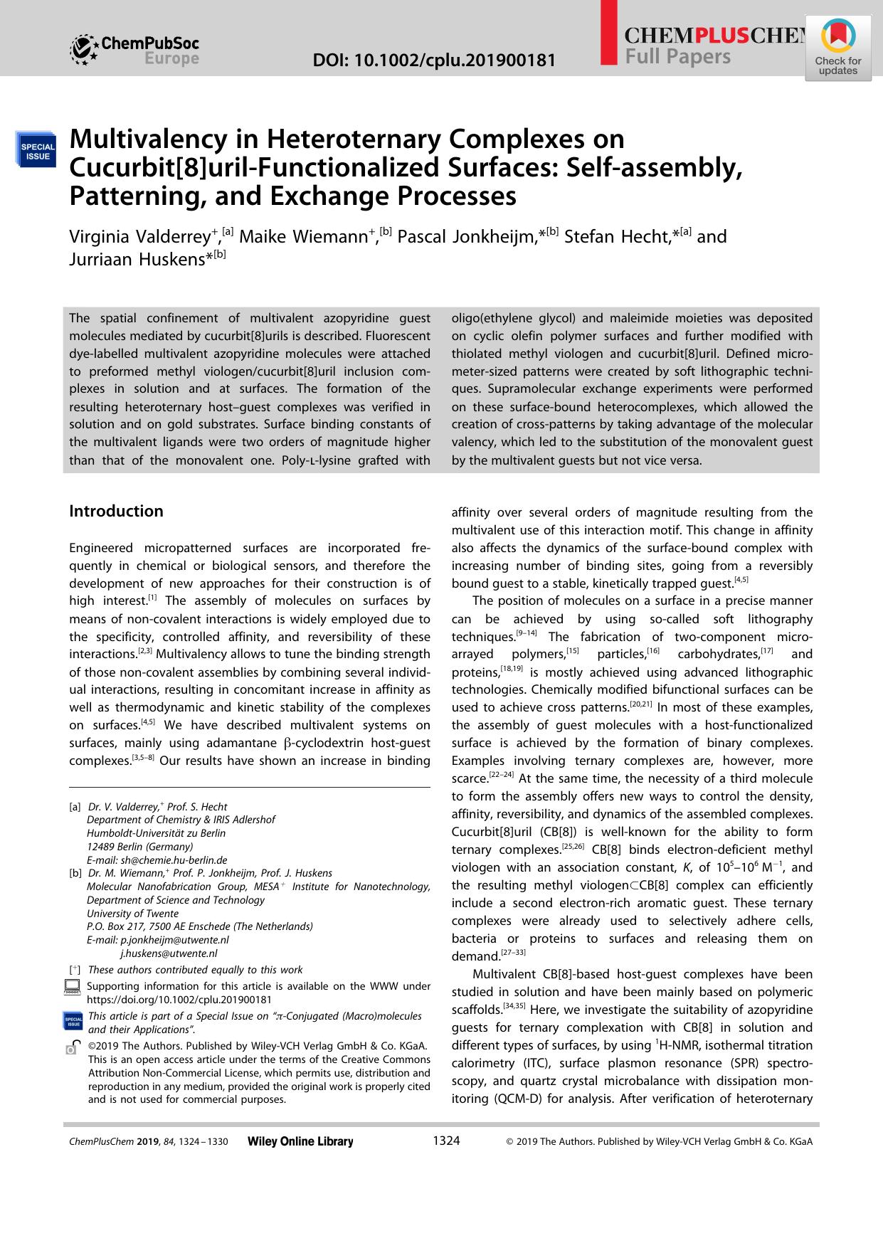 Multivalency in Heteroternary Complexes on Cucurbit[8]urilâFunctionalized Surfaces: Selfâassembly, Patterning, and Exchange Processes by Unknown