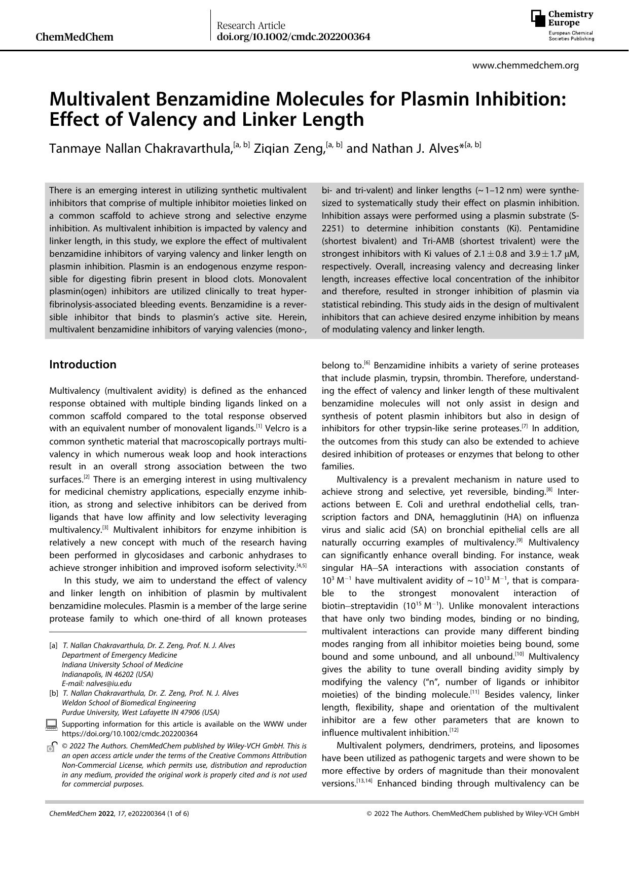 Multivalent Benzamidine Molecules for Plasmin Inhibition: Effect of Valency and Linker Length by Unknown