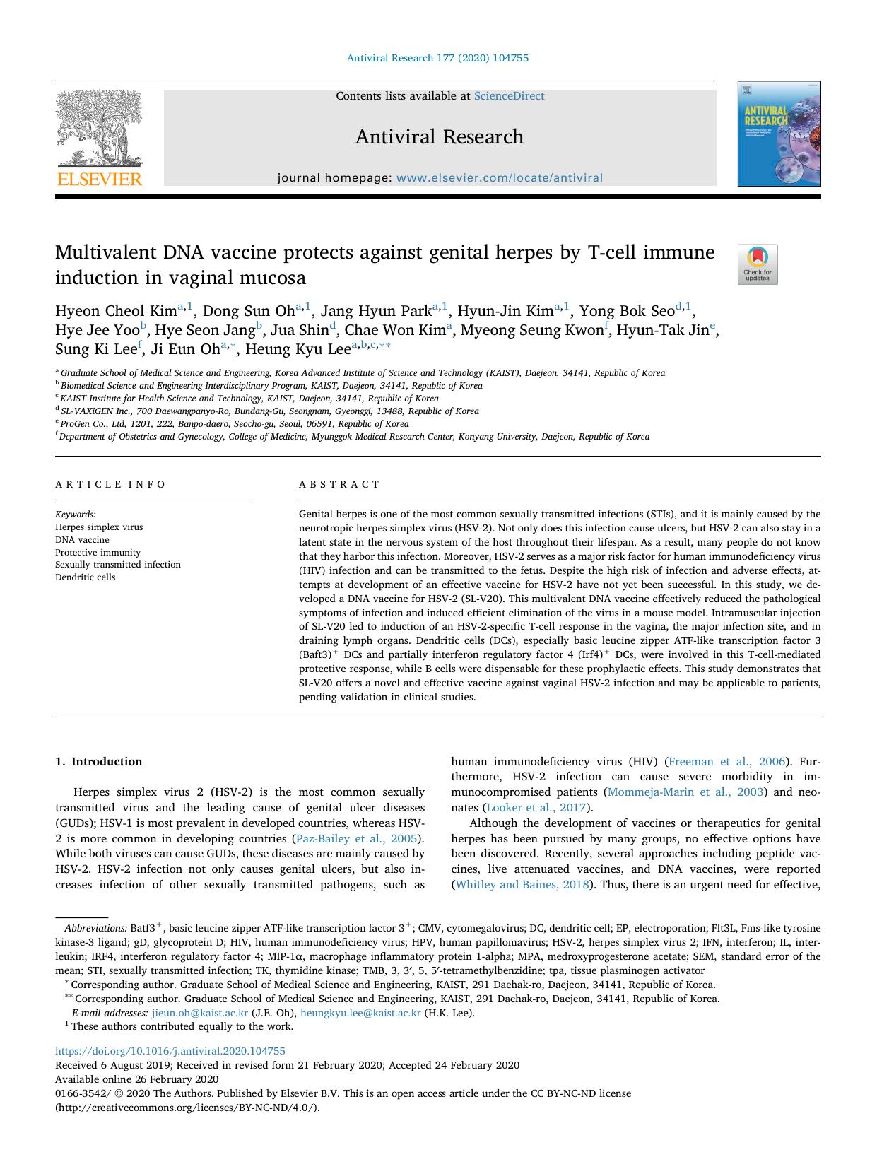 Multivalent DNA vaccine protects against genital herpes by T-cell immune induction in vaginal mucosa by unknow