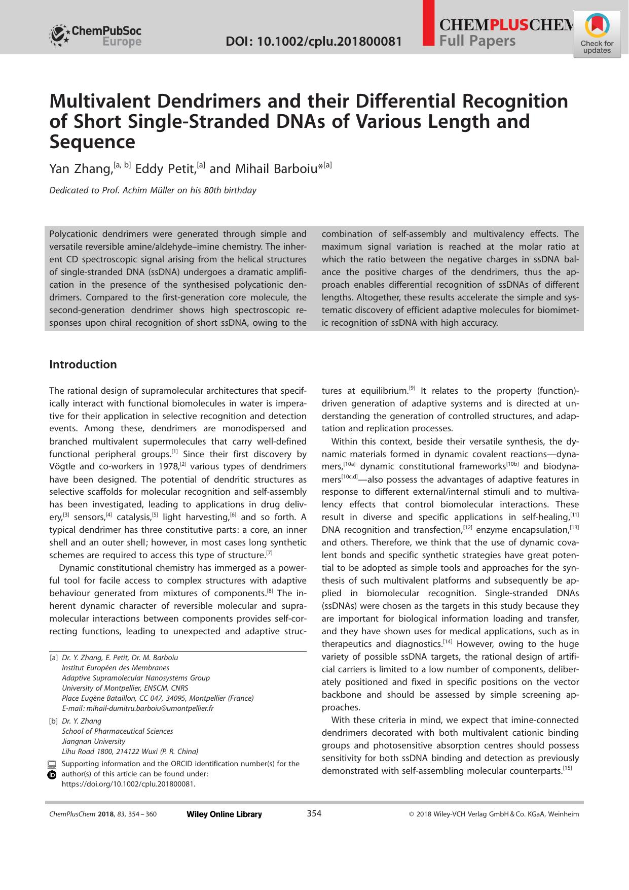 Multivalent Dendrimers and their Differential Recognition of Short SingleâStranded DNAs of Various Length and Sequence by Unknown