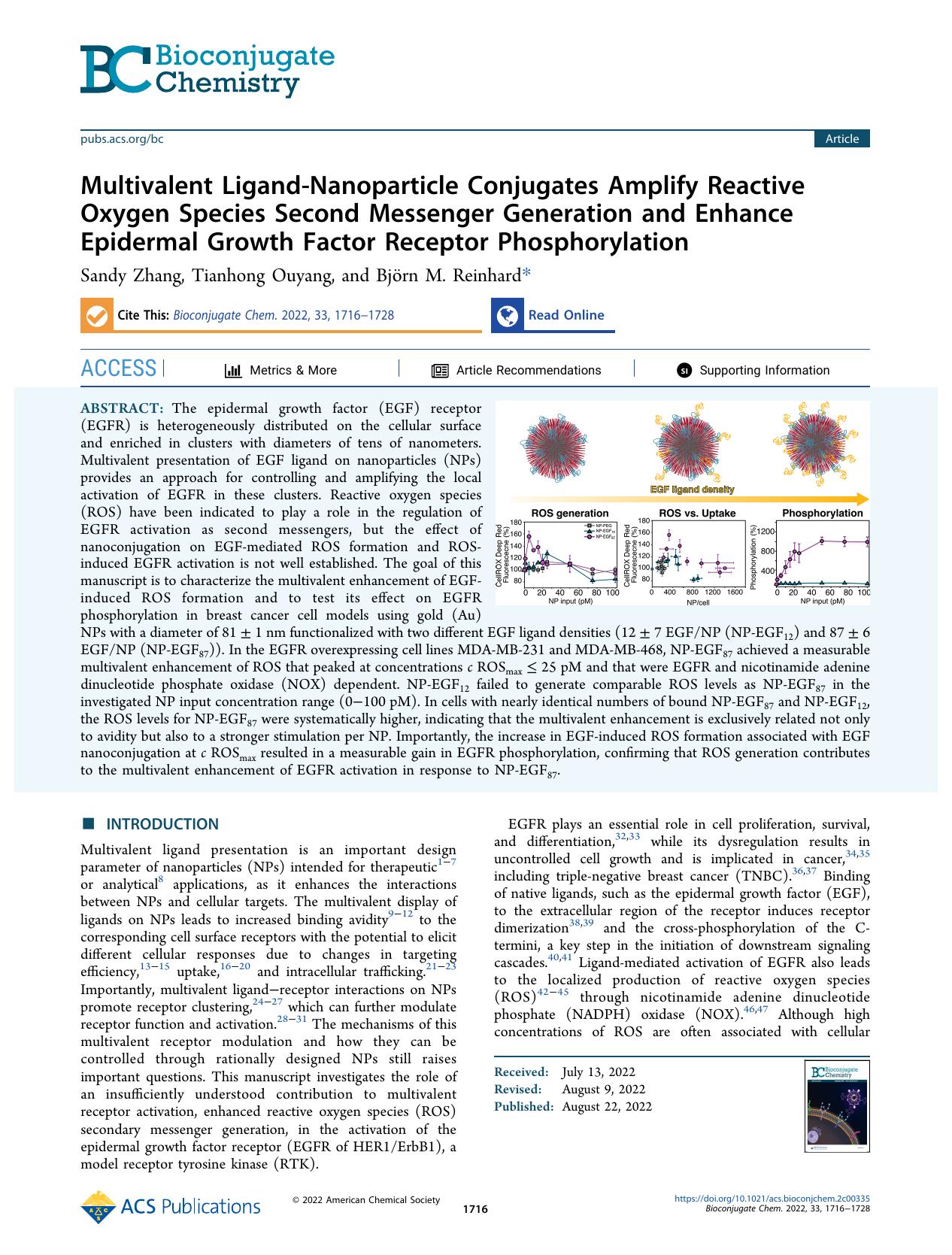 Multivalent Ligand-Nanoparticle Conjugates Amplify Reactive Oxygen Species Second Messenger Generation and Enhance Epidermal Growth Factor Receptor Phosphorylation by Sandy Zhang Tianhong Ouyang and Björn M. Reinhard