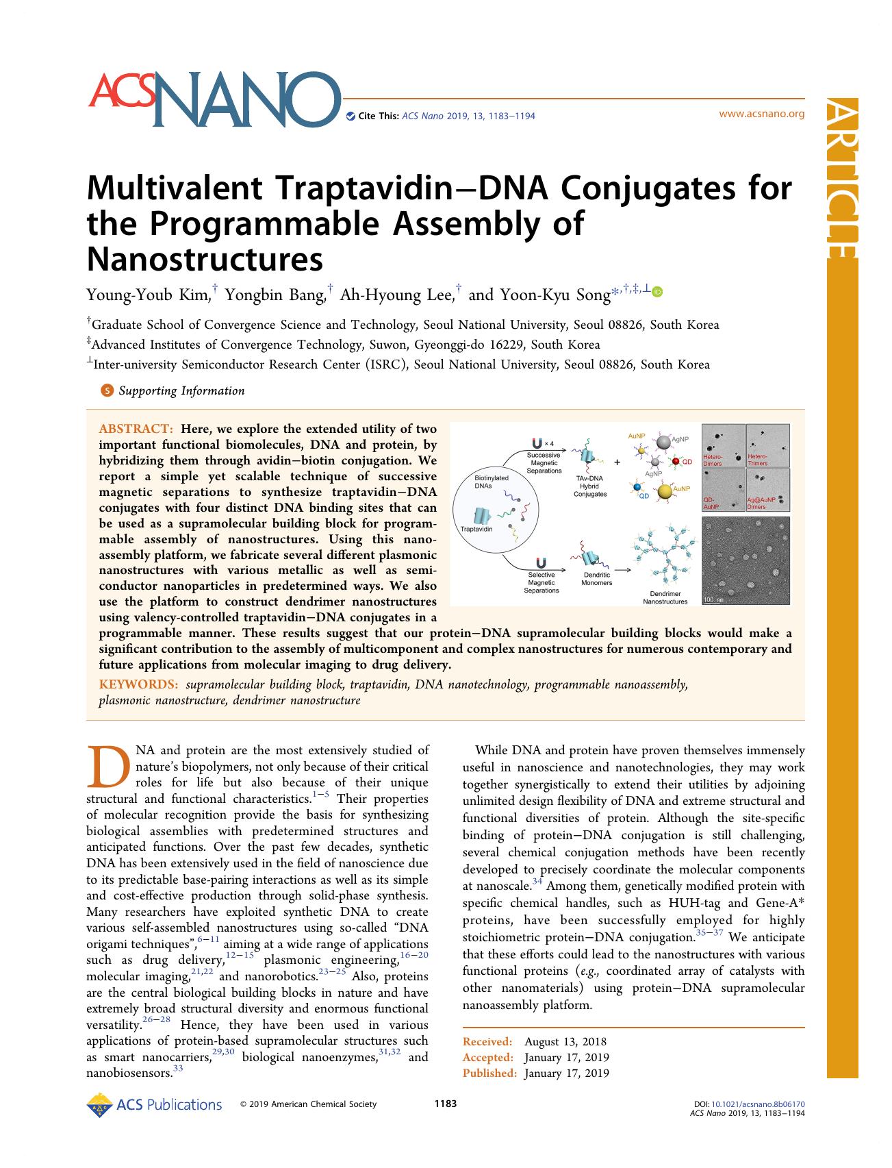 Multivalent TraptavidinâDNA Conjugates for the Programmable Assembly of Nanostructures by Young-Youb Kim Yongbin Bang Ah-Hyoung Lee and Yoon-Kyu Song