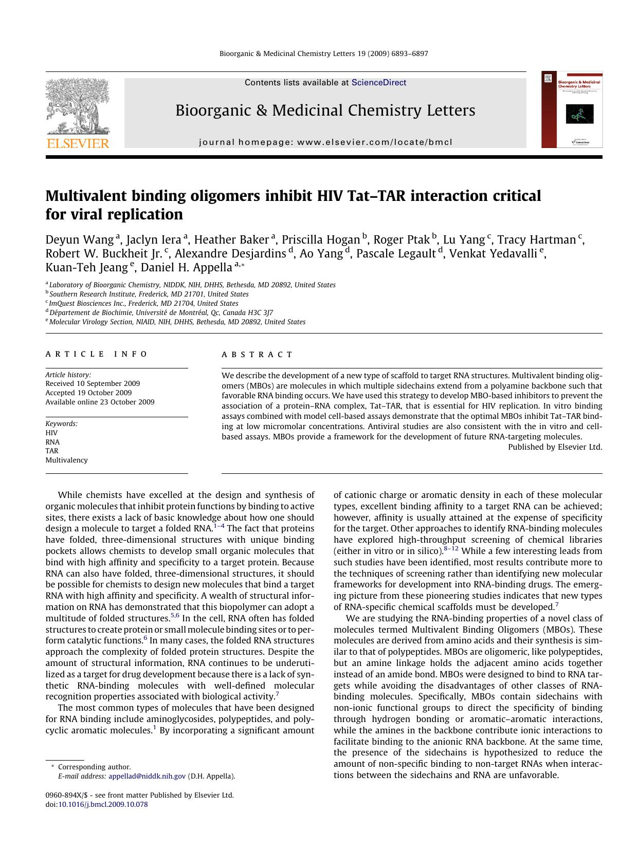 Multivalent binding oligomers inhibit HIV TatâTAR interaction critical for viral replication by unknow
