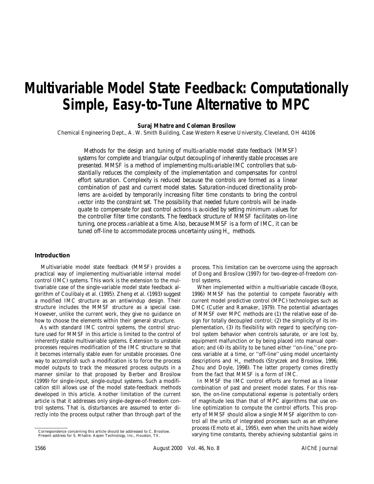 Multivariable model state feedback: Computationally simple, easy-to-tune alternative to MPC by ?
