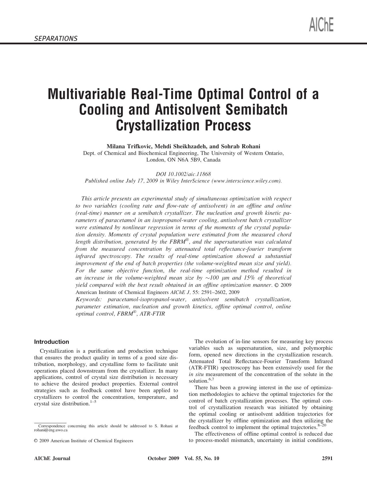 Multivariable real-time optimal control of a cooling and antisolvent semibatch crystallization process by Unknown