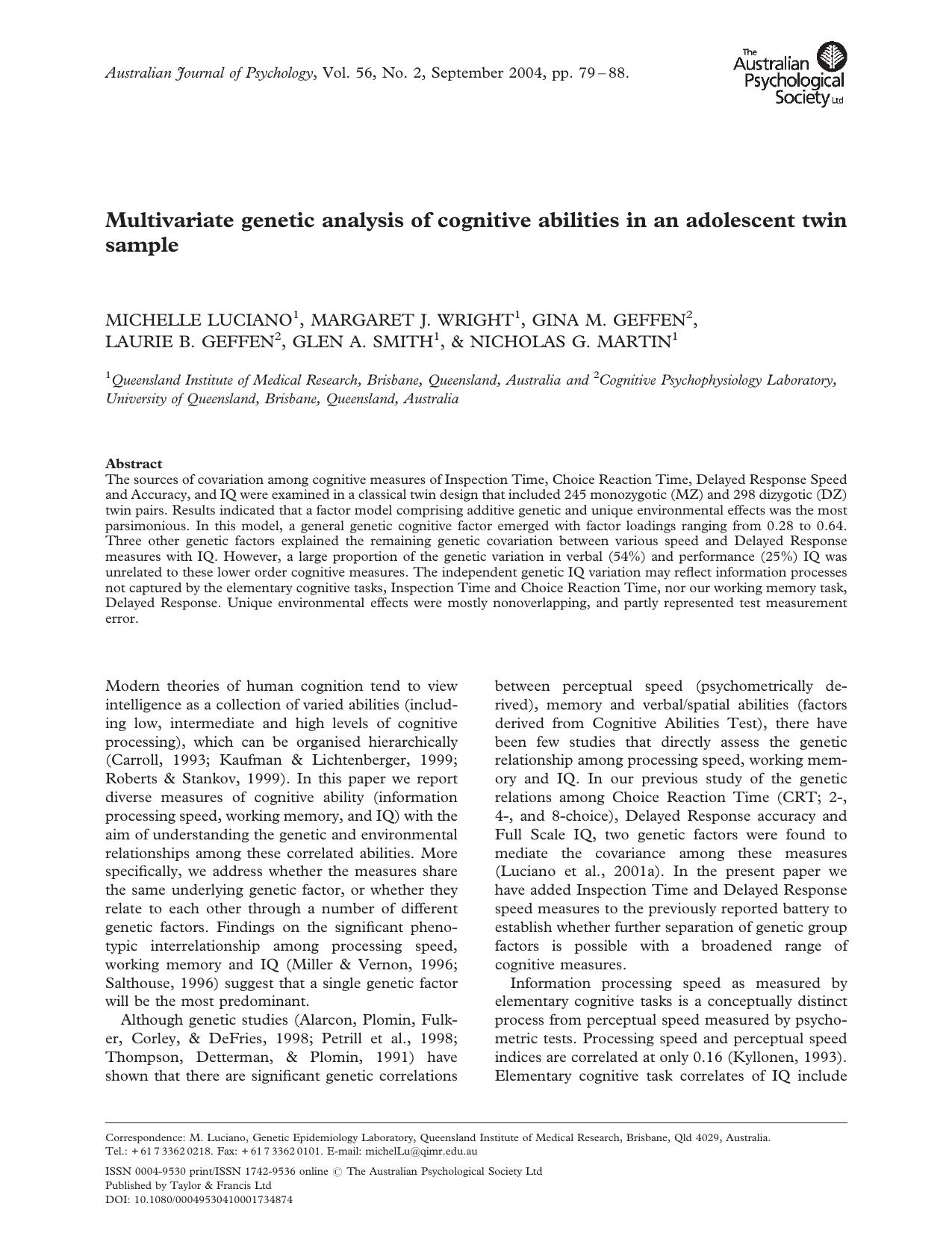 Multivariate Genetic Analysis of Cognitive Abilities in an Adolescent Twin Sample (2004) by Michelle Luciano, et al by Unknown