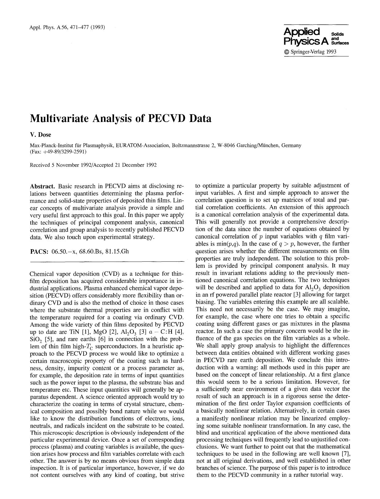 Multivariate analysis of PECVD data by Unknown