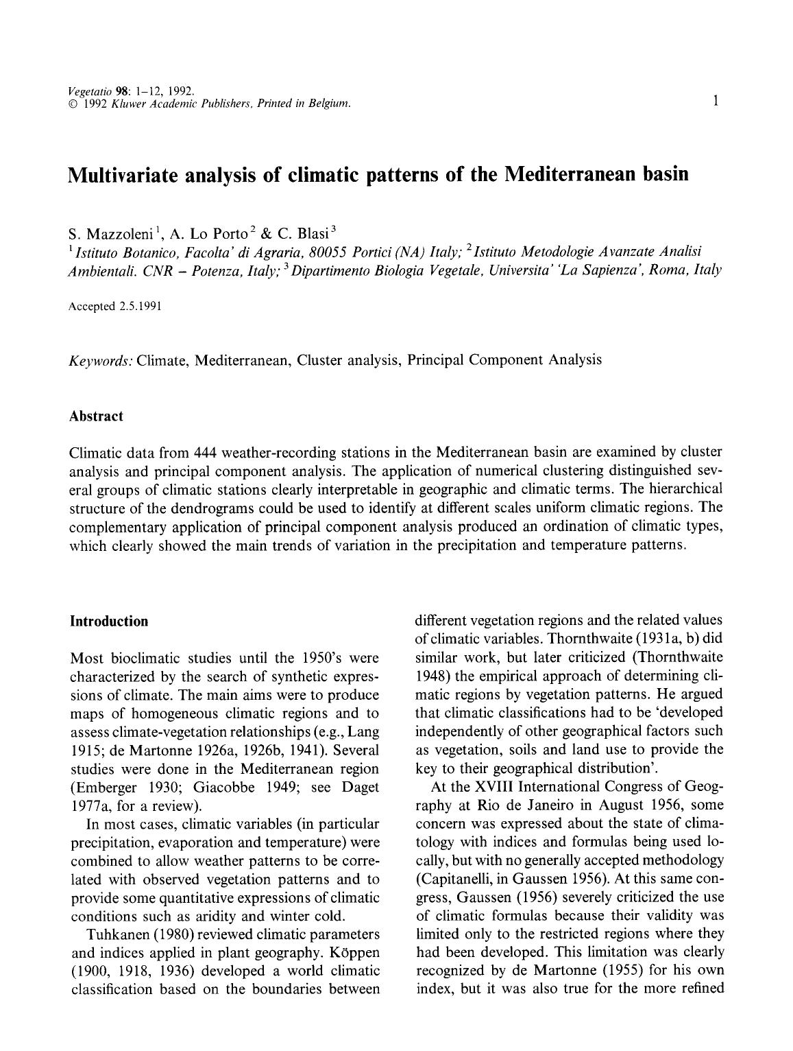 Multivariate analysis of climatic patterns of the Meditrranean basin by Unknown