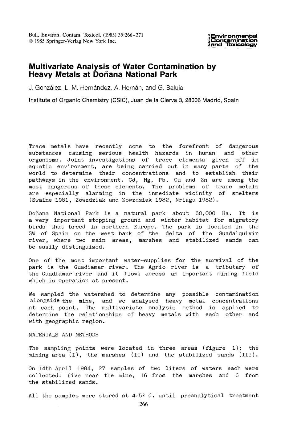 Multivariate analysis of water contamination by heavy metals at Do&#x00F1;ana National Park by Unknown