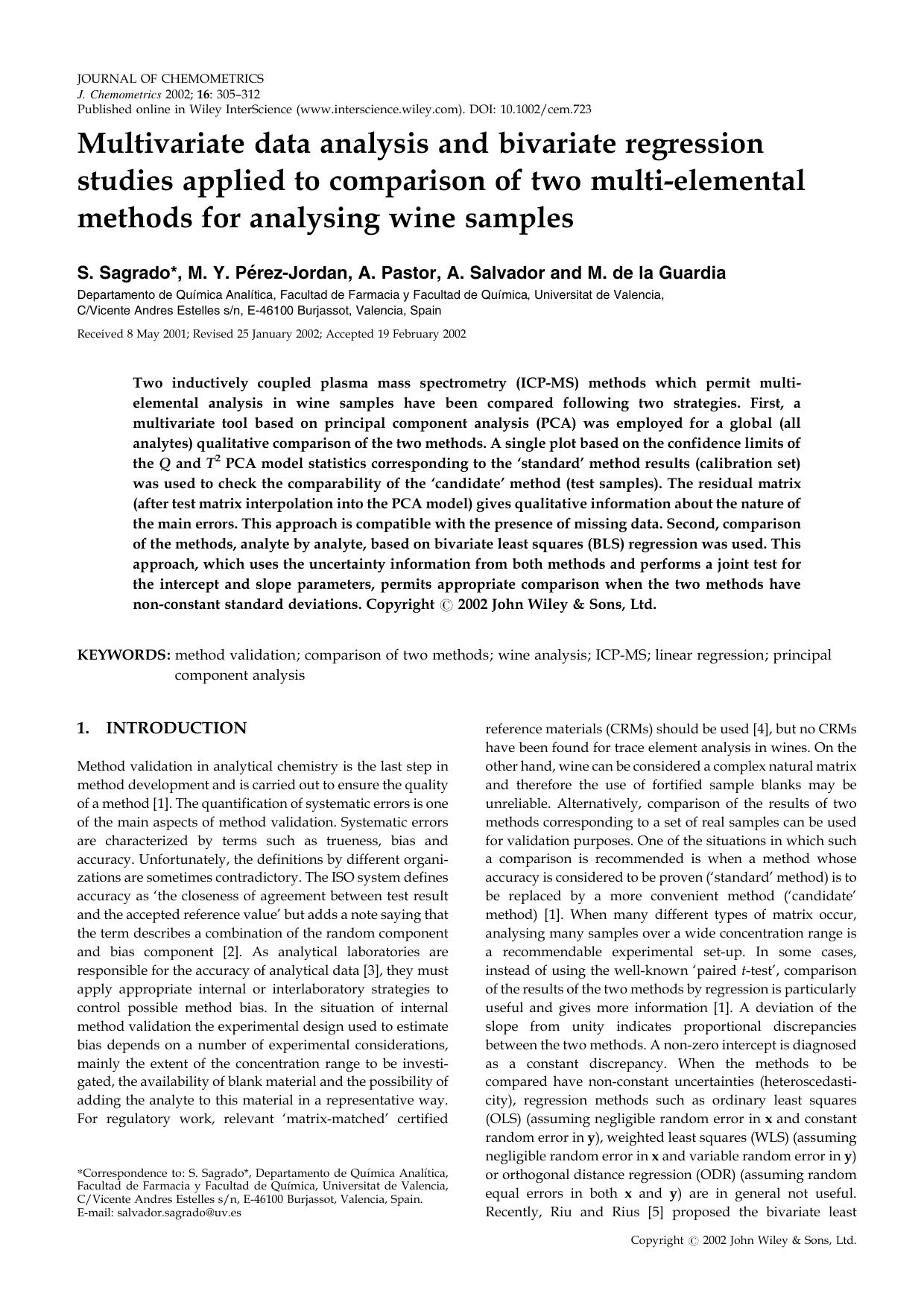 Multivariate data analysis and bivariate regression studies applied to comparison of two multi-elemental methods for analysing wine samples by Unknown