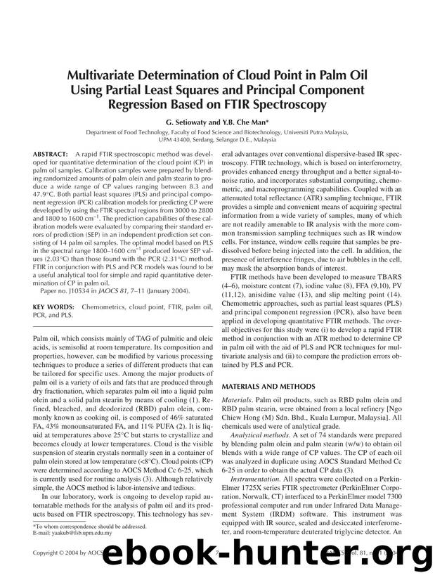 Multivariate determination of cloud point in palm oil using partial least squares and principal component regression based on FTIR spectroscopy by Unknown