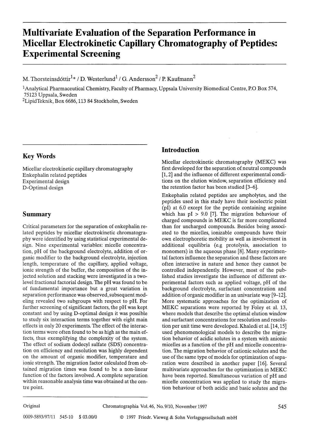 Multivariate evaluation of the separation performance in micellar electrokinetic capillary chromatography of peptides: Experimental screening by Unknown