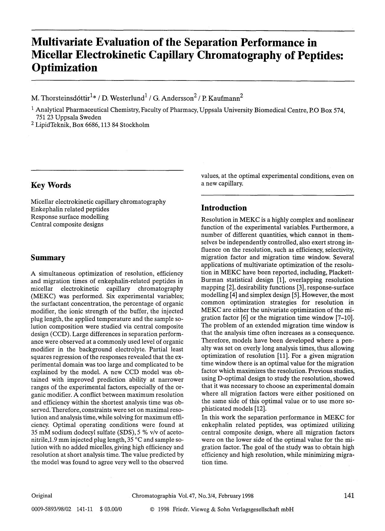 Multivariate evaluation of the separation performance in micellar electrokinetic capillary chromatography of peptides: Optimization by Unknown