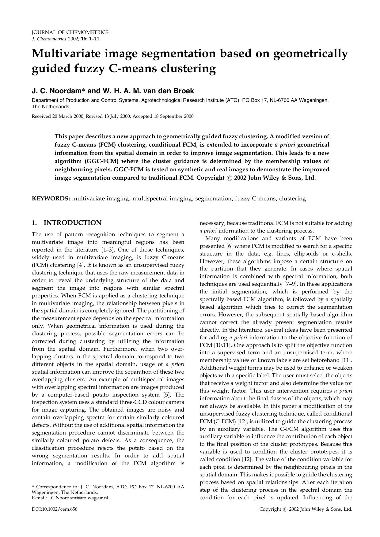 Multivariate image segmentation based on geometrically guided fuzzy C-means clustering by Unknown