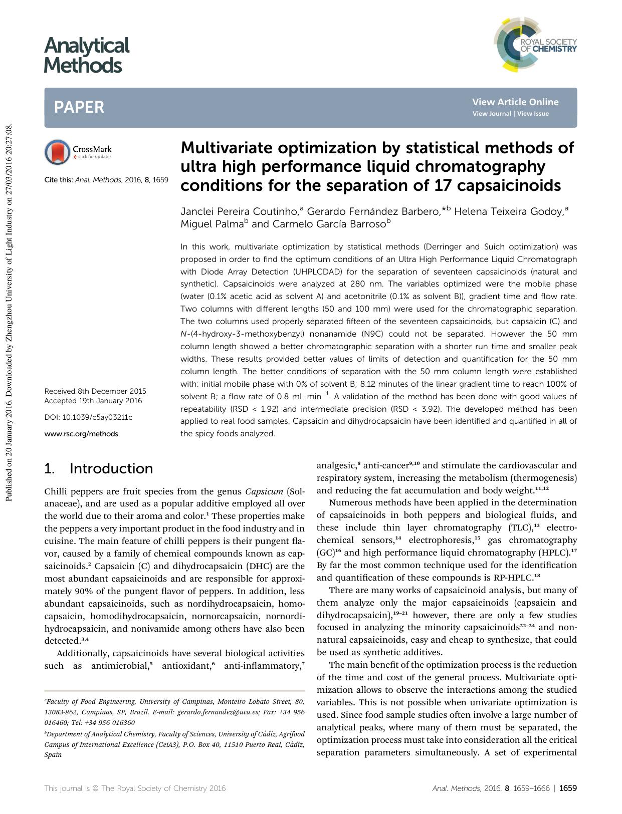 Multivariate optimization by statistical methods of ultra high performance liquid chromatography conditions for the separation of 17 capsaicinoids by unknow
