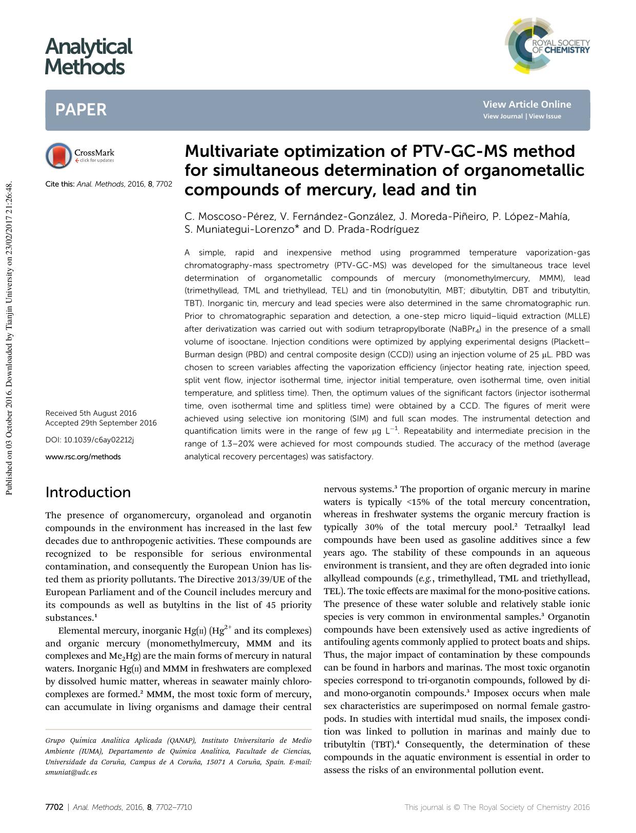 Multivariate optimization of PTV-GC-MS method for simultaneous determination of organometallic compounds of mercury, lead and tin by unknow