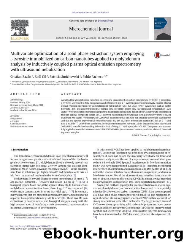 Multivariate optimization of a solid phase extraction system employing l-tyrosine immobilized on carbon nanotubes applied to molybdenum analysis by inductively coupled plasma optic by Cristian Bazán & Raúl Gil & Patricia Smichowski & Pablo Pacheco