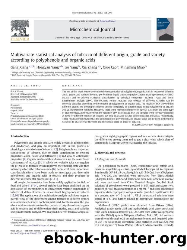 Multivariate statistical analysis of tobacco of different origin, grade and variety according to polyphenols and organic acids by Gang Xiang; Hongyan Yang; Liu Yang; Xia Zhang; Qiue Cao; Mingming Miao