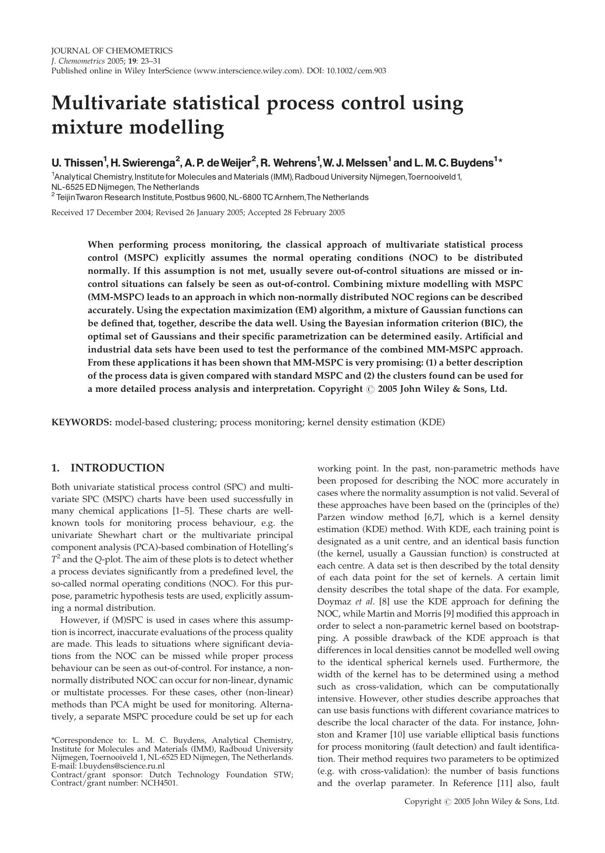 Multivariate statistical process control using mixture modelling by Unknown