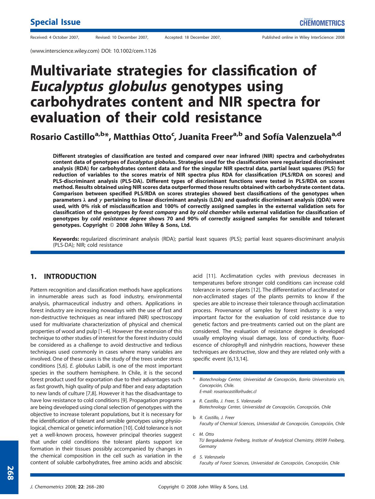 Multivariate strategies for classification of Eucalyptus globulus genotypes using carbohydrates content and NIR spectra for evaluation of their cold resistance by Unknown