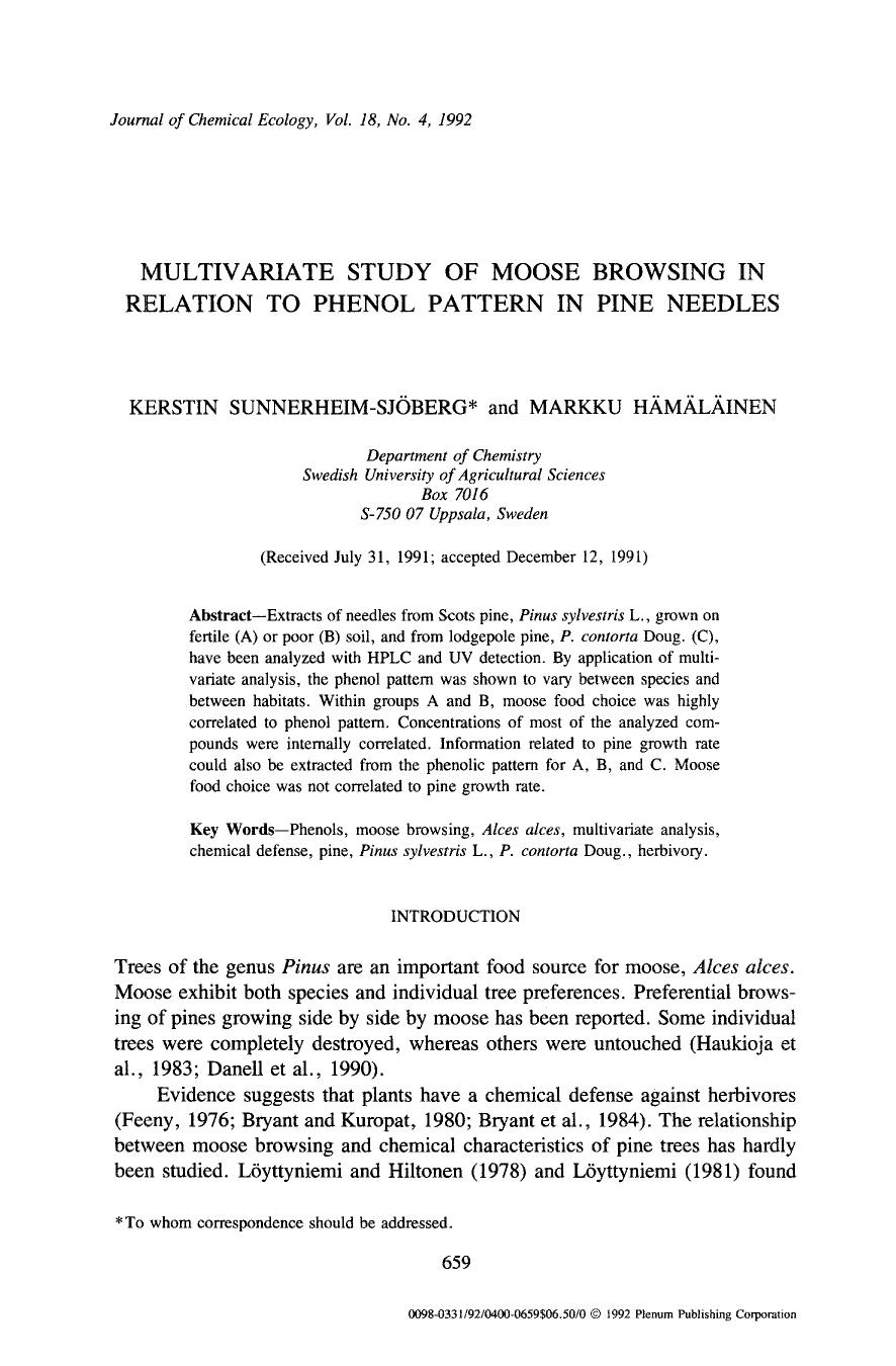 Multivariate study of moose browsing in relation to phenol pattern in pine needles by Unknown