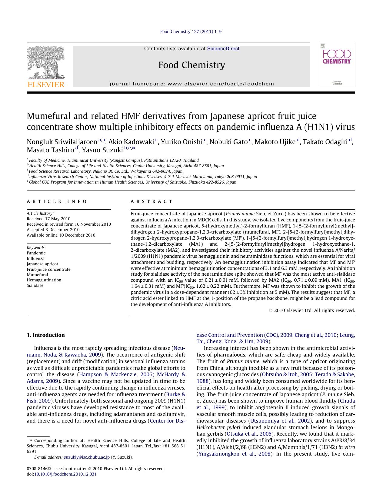 Mumefural and related HMF derivatives from Japanese apricot fruit juice concentrate show multiple inhibitory effects on pandemic influenza A (H1N1) virus by unknow