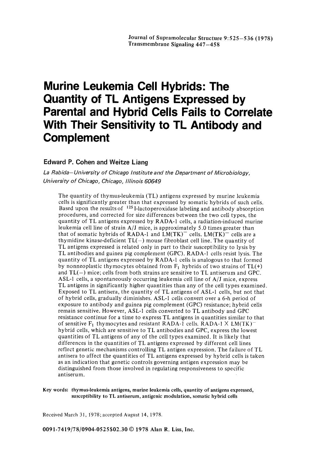 Murine leukemia cell hybrids: The quantity of TL antigens expressed by parental and hybrid cells fails to correlate with their sensitivity to TL antibody and complement by Unknown