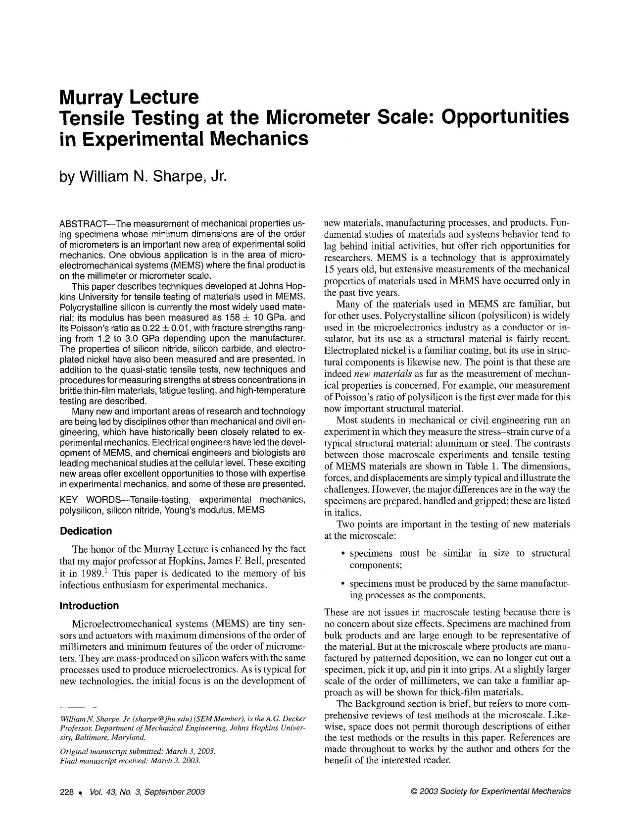 Murray lecture tensile testing at the micrometer scale: Opportunities in experimental mechanics by Unknown
