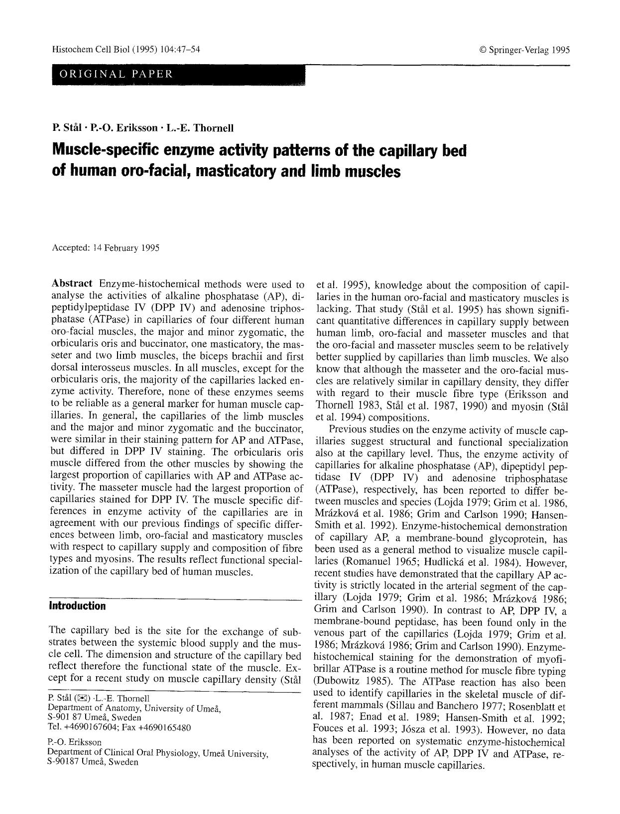 Muscle-specific enzyme activity patterns of the capillary bed of human oro-facial, masticatory and limb muscles by Unknown