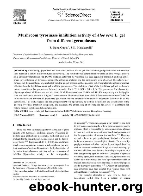 Mushroom tyrosinase inhibition activity of Aloe vera L. gel from different germplasms by S. Dutta Gupta & S.K. Masakapalli