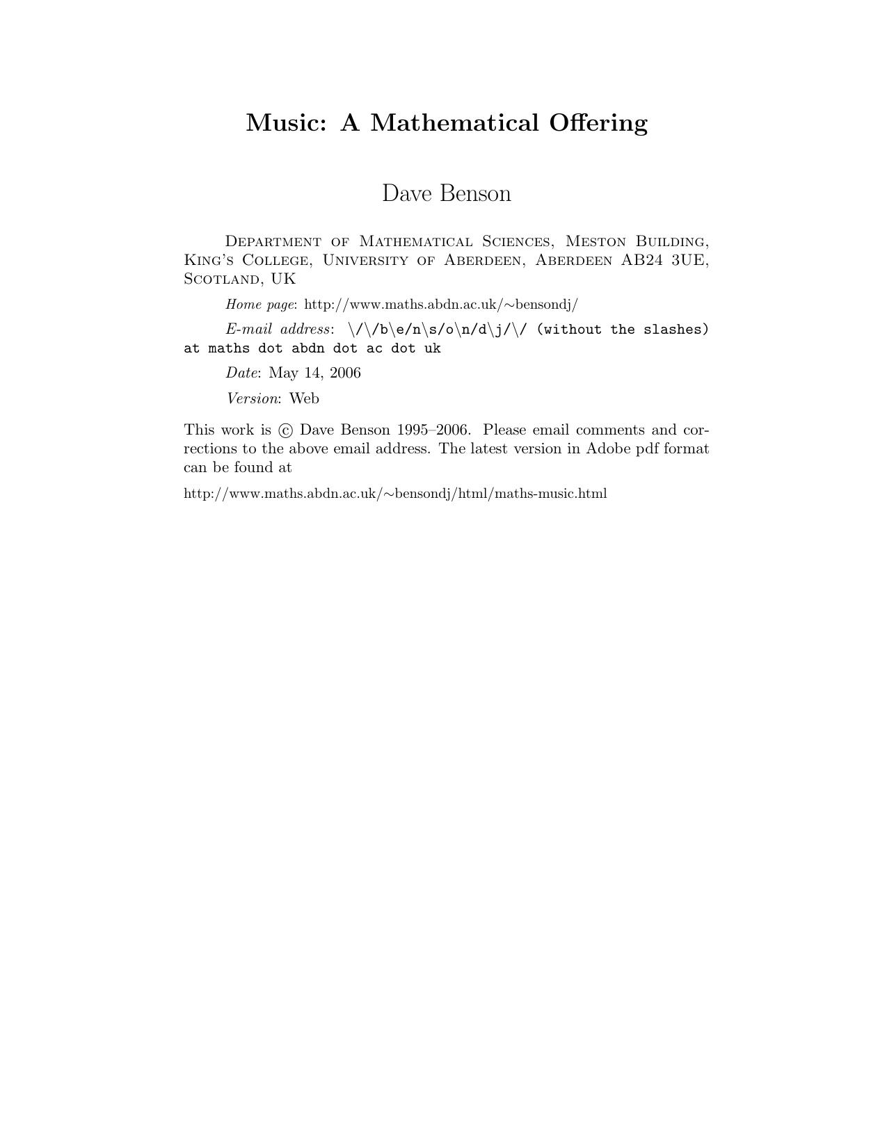 Music - A Mathematical Offering by Dave Benson