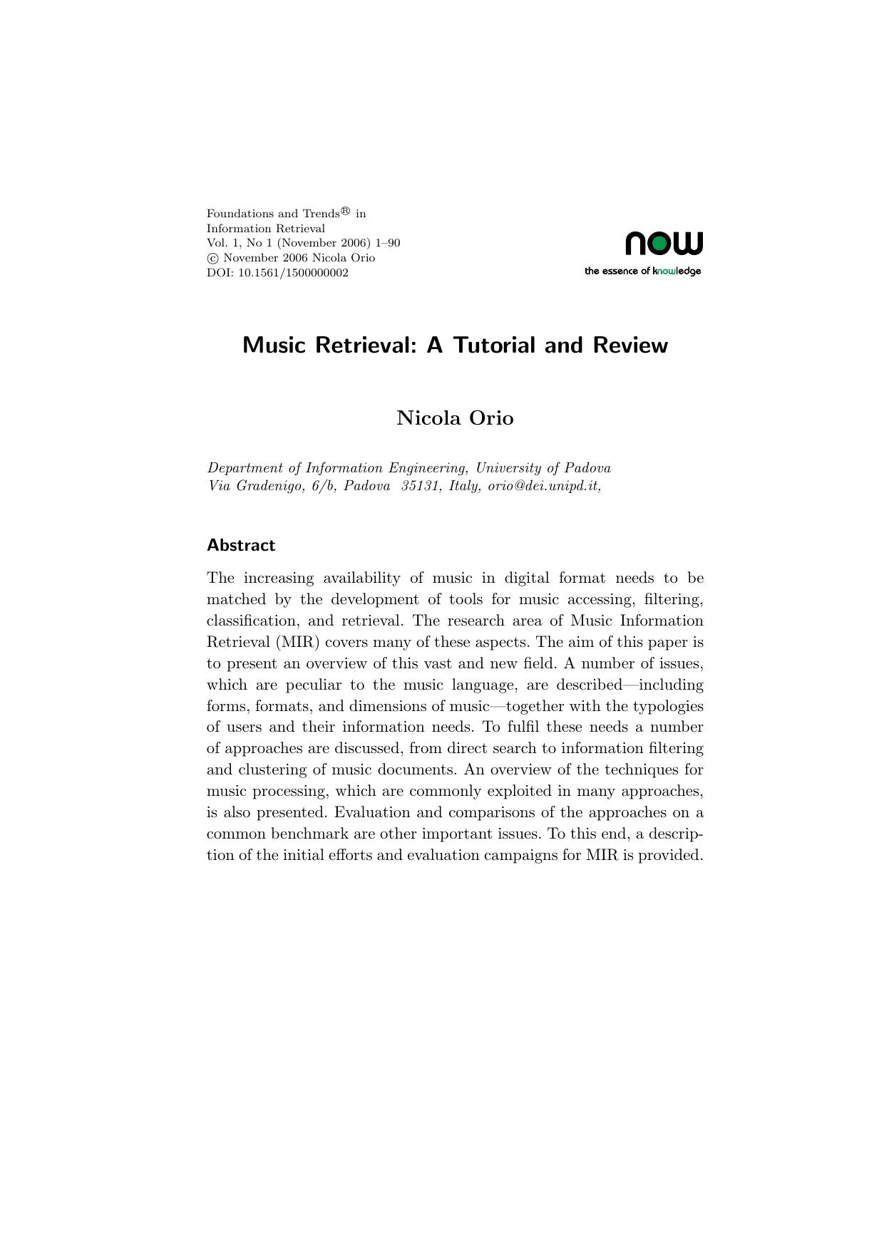 Music Retrieval (Foundations and Trends in Information Retrieval) by Nicola Orio